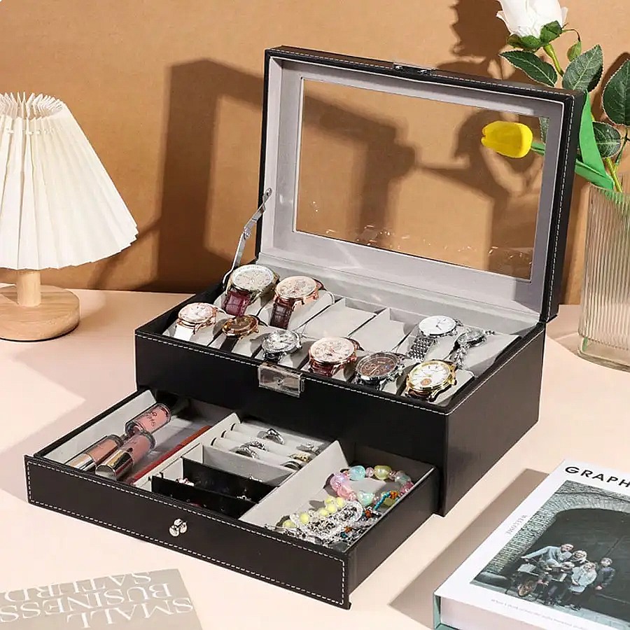 صندوق ساعات بـ 12 فتحة مع درج، - مراجعة Jewelry Box With Watches وسعره