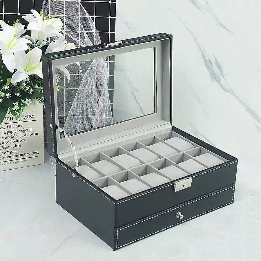 صندوق ساعات بـ 12 فتحة مع درج، - مراجعة Jewelry Box With Watches وسعره